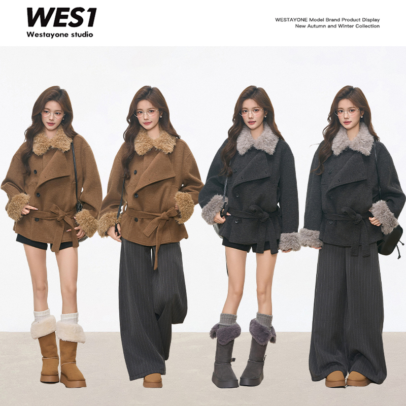 【林小雅专享】毛领系带毛呢大衣外套+条纹加绒阔腿裤