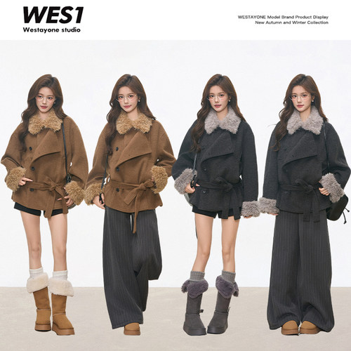 【林小雅专享】毛领系带毛呢大衣外套+条纹加绒阔腿裤