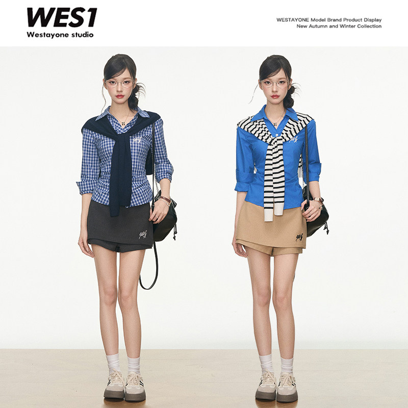 【昕怡专属】WESTAYONE 女士衬衫修身格子高级感衬衣+新款短裙