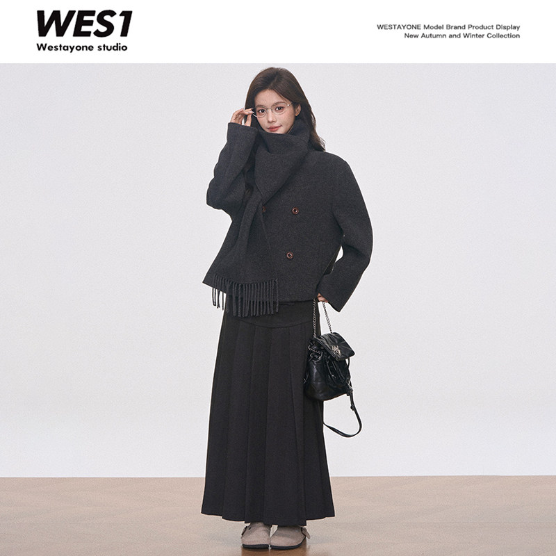 WESTAYONE 毛呢外套带围巾通勤百搭+针织百褶长裙,女装/女士精品,时尚套装,淘宝优惠券,粉丝福利购,淘宝优惠卷