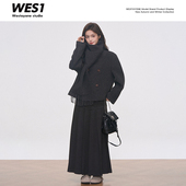 WESTAYONE 毛呢外套带围巾通勤百搭 针织百褶长裙