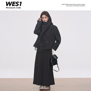WESTAYONE 毛呢外套带围巾通勤百搭+针织百褶长裙