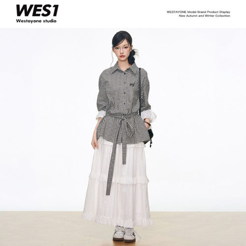 【金金专属】WESTAYONE黑色格拼接花边衬衫+白色镂空蛋糕长裙