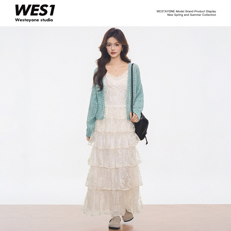【】WESTAYONE薄荷绿毛衣开衫+蕾丝蛋糕吊带连衣裙女