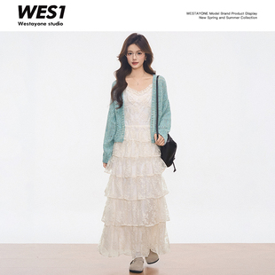 【金金】WESTAYONE薄荷绿毛衣开衫+蕾丝蛋糕吊带连衣裙女春夏新款