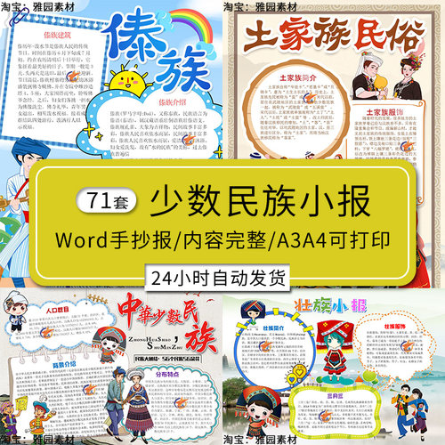 少数民族手抄报模板白藏壮布依傣蒙古满苗土家满族电子版Word小报