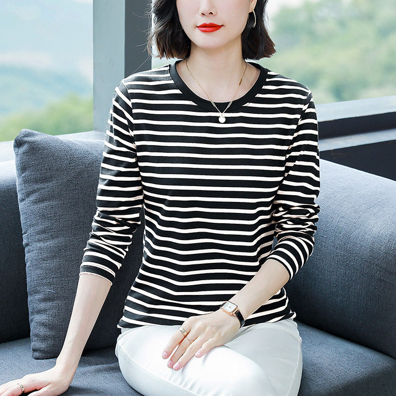 秋装胖妹妹加肥加大码宽松显瘦纯棉长袖T恤女装条纹打底衫上衣服H