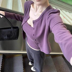 韩系辣妹紫色吊带背心开衫T恤小个子短款修身上衣两件套装女秋季H