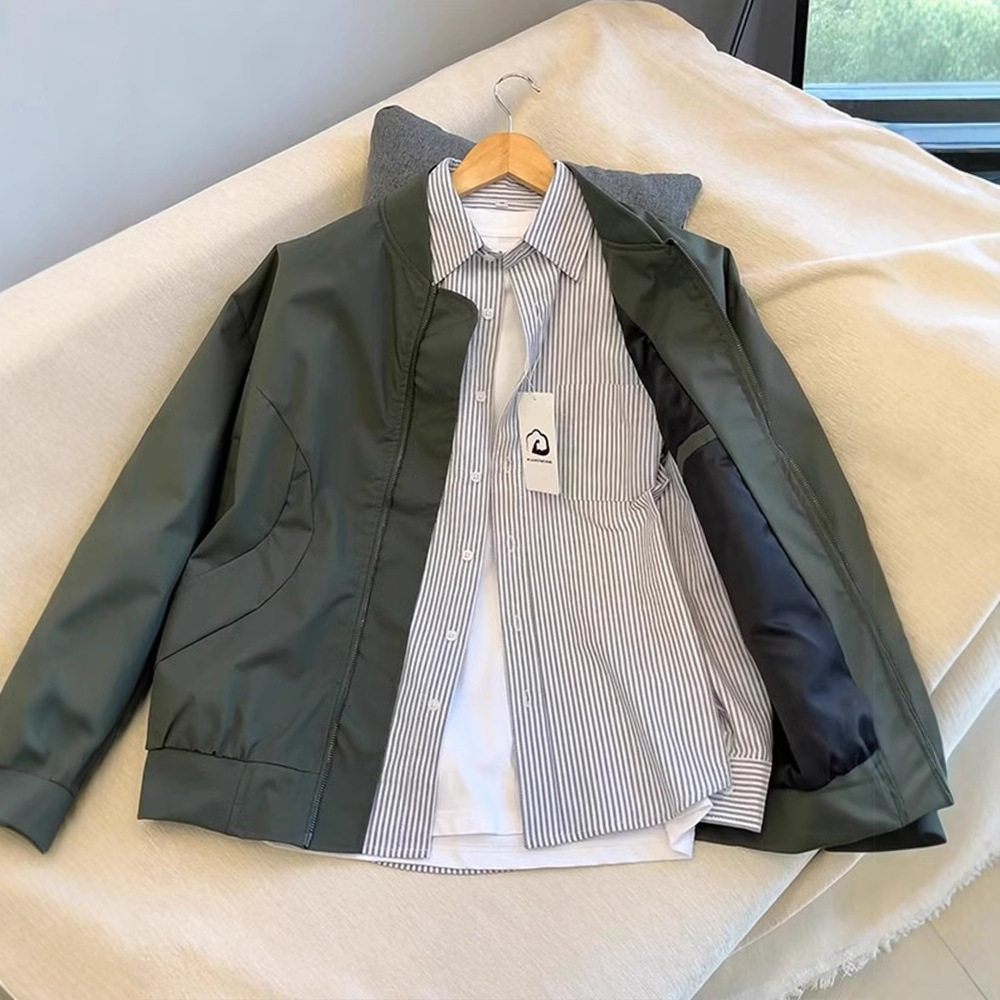 美式夹克套装男秋冬浅色立领情侣棒球棉服飞行外套