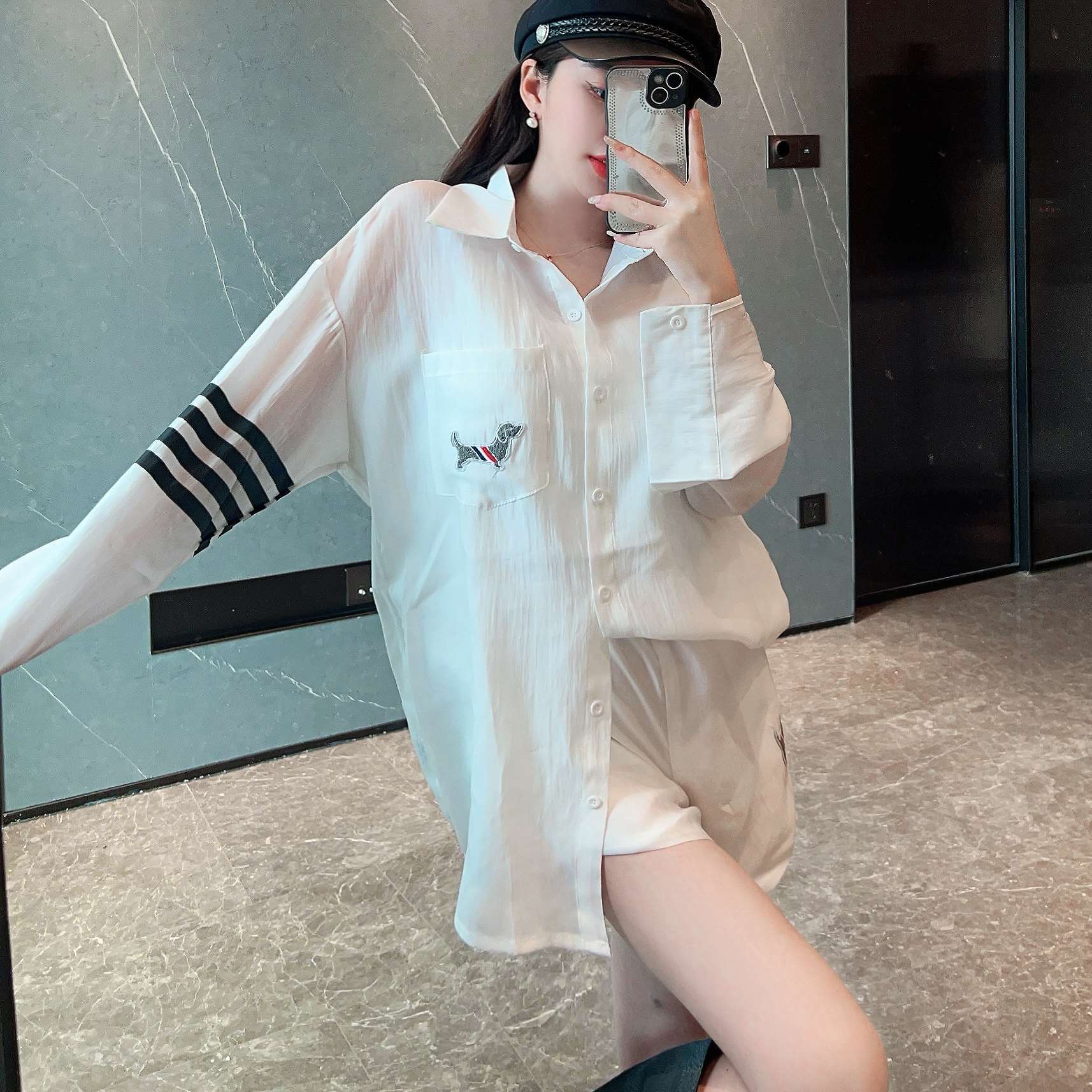 tb小狗刺绣四杠宽松显瘦长袖衬衫防晒衣短裤薄款套装女夏季空调衫