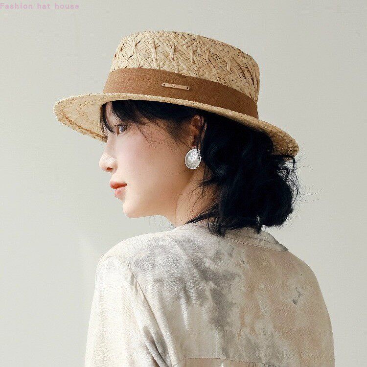 拉菲草平顶帽女夏季法式海边