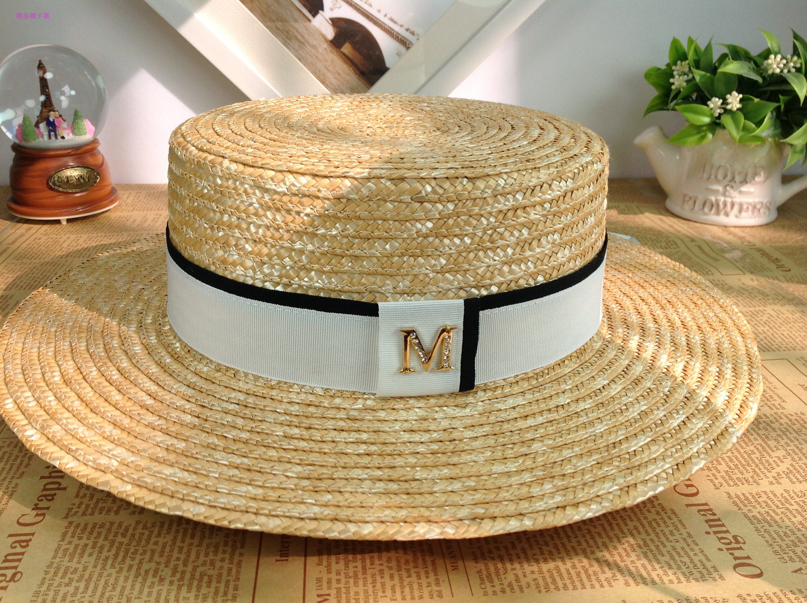 日本新款手工珍珠麦秆平顶草帽女夏季海边度假沙滩礼帽防晒遮阳帽