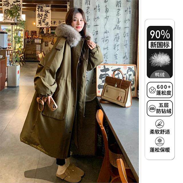 风衣羽绒服冬季新款大毛领连帽宽松加厚白鸭绒派克大衣女工装外套