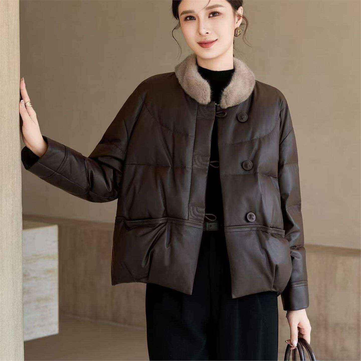 海宁皮衣女真皮太空棉服短款水貂毛领皮草外套女款爆款2025新款