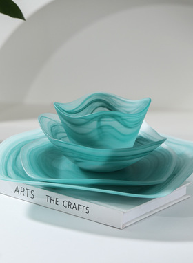 玻璃餐盘仪式感早餐家用玻璃碗 ins风餐盘碗蓝绿色云雾玻璃餐具碗