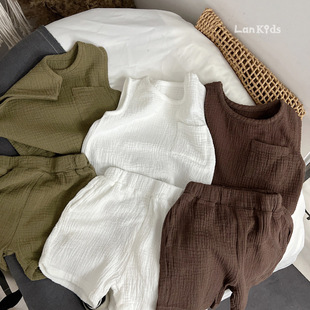 子男童装 森系韩版 女宝宝柔软透气棉麻上衣裤 套装 儿童棉纱背心短裤