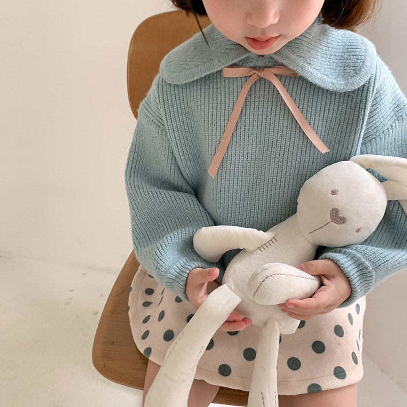 秋冬新款韩版女童蝴蝶结毛衣儿童翻领长袖毛线衫 波点毛呢裙
