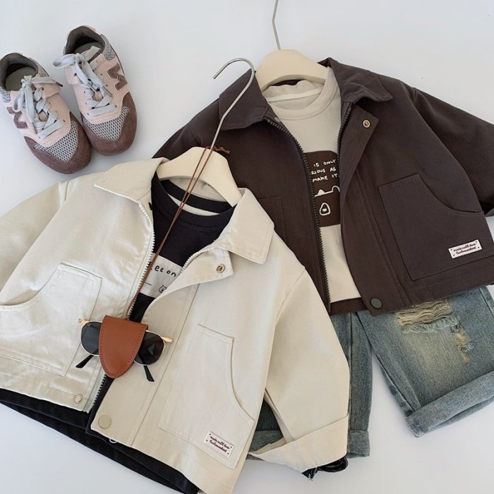 25秋季新款儿童韩版米色外套男女童翻领拉链开衫宝宝休闲夹克上衣