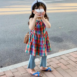 韩版夏季新款女童格子背心连衣裙针织喇叭裤九分裤女宝宝洋气套装