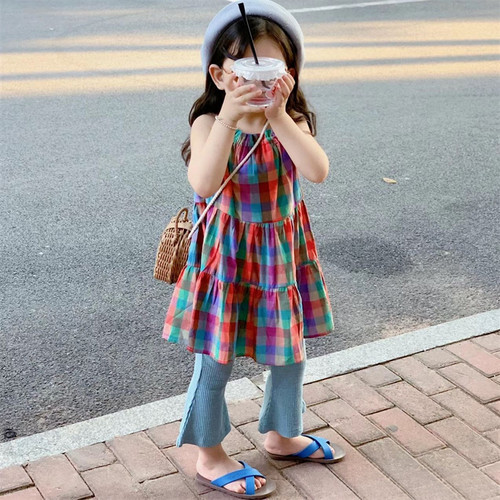 韩版夏季彩色格子喇叭裤套装