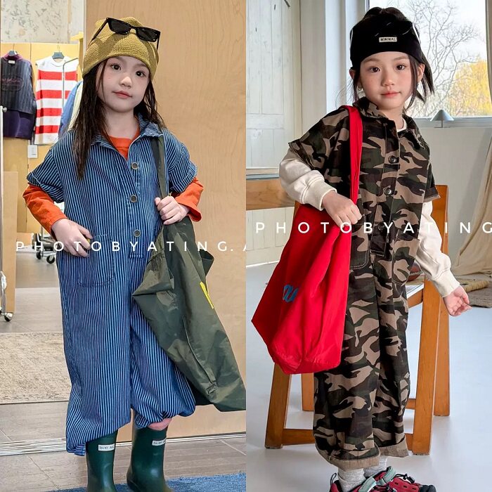 2026春夏季男女儿童韩版条纹牛仔连体裤 潮宝迷彩短袖工装连体衣