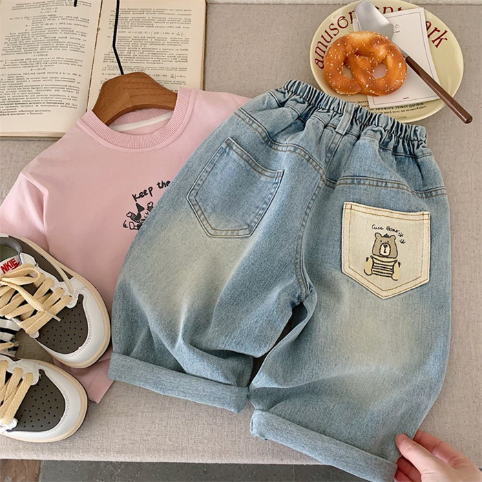 男童浅蓝色牛仔裤宝宝休闲直筒裤春季韩系儿童口袋卡通印花阔腿裤,童装/婴儿装/亲子装,儿童牛仔裤,淘宝优惠券,粉丝福利购,淘宝优惠卷