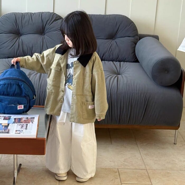 儿童工装外套秋季新款男女童韩版宽松翻领拼色夹克衫宝宝开衫上衣