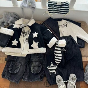 冬季儿童韩系套装潮宝皮毛一体星星加绒外套口袋工装裤加绒牛仔裤