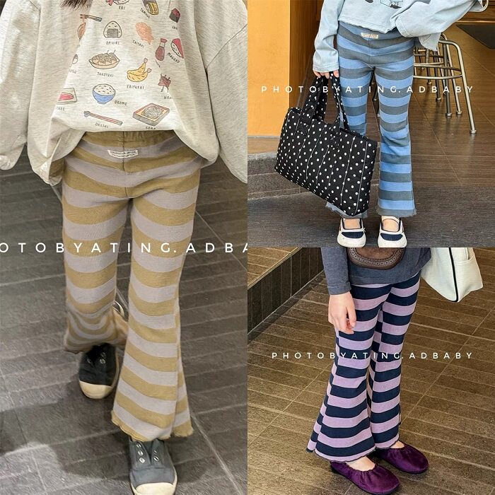 春秋季新款小孩裤子儿童韩版弹力条纹打底裤女宝宝百搭撞色喇叭裤