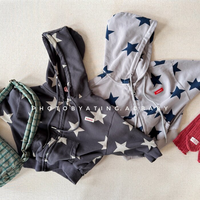 春秋季儿童韩版星星连帽拉链外套男女童休闲百搭长袖宽松卫衣开衫