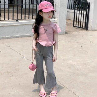 新款 女宝宝休闲微喇裤 女童韩版 儿童洋气荷叶边短袖 套装 2025夏季