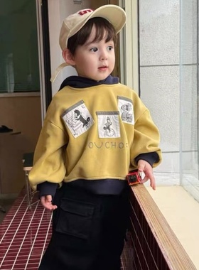 韩系男小童冬季新款加绒可爱贴标黄色连帽上衣男宝宝保暖拼接卫衣
