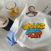 女童韩版 男孩假两件宽松圆领白色上衣衬衫 字母印花长袖 T恤打底衫