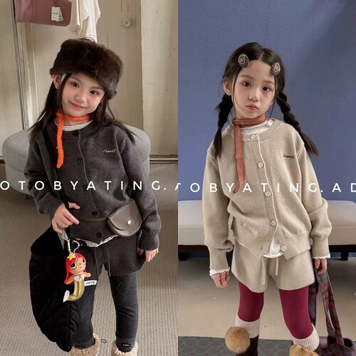 韩版女童春秋学院风针织两件套