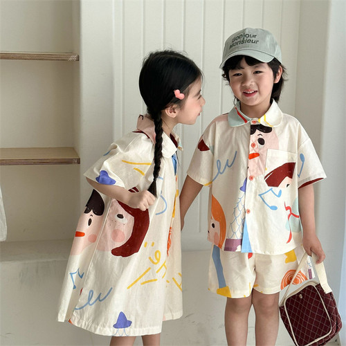 夏季兄妹姐弟装卡通涂鸦套装裙子