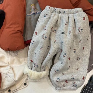 2025女童冬季加厚加绒裤子保暖裤卫裤女宝宝灰色卡通kt猫束脚裤