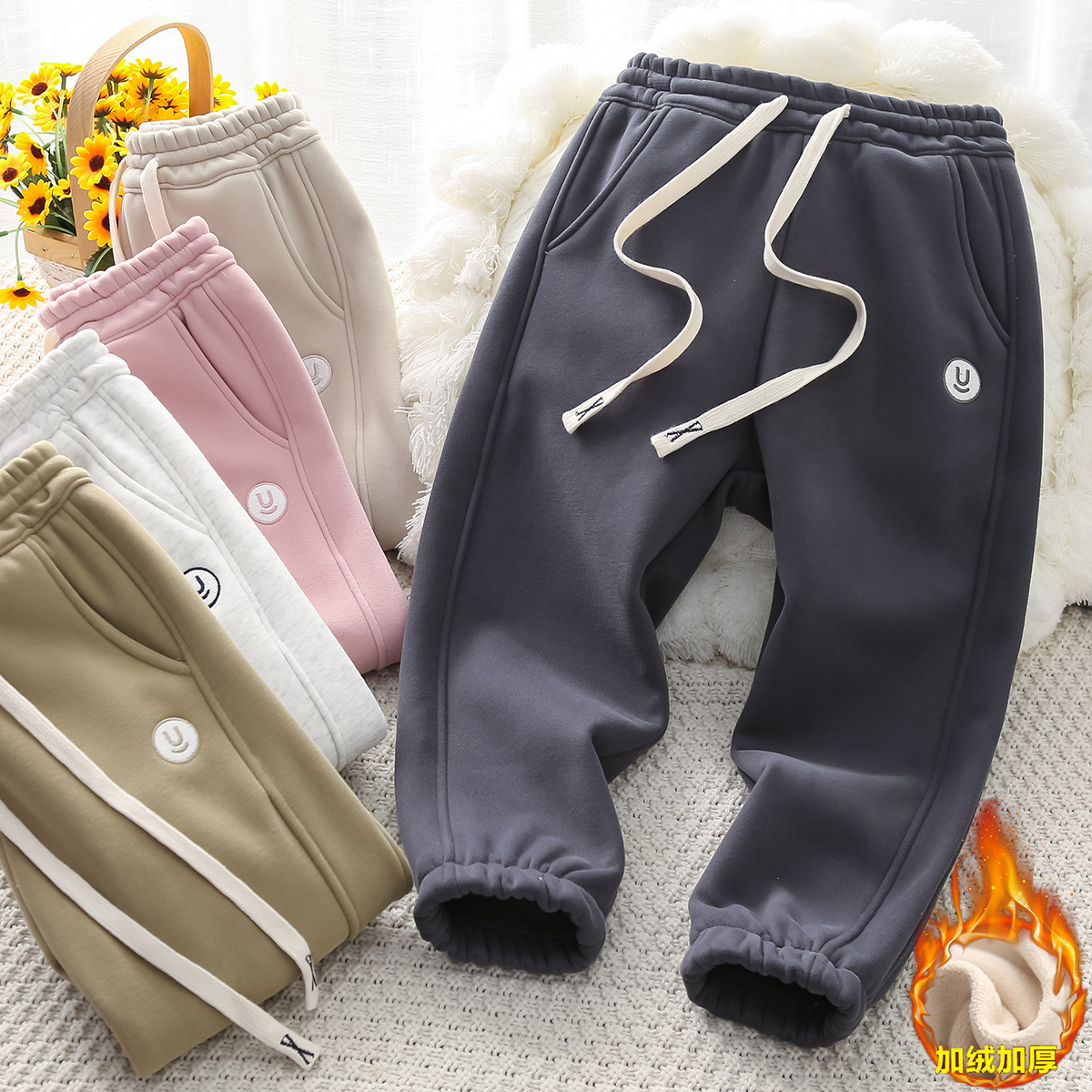 秋冬季男童一体绒运动裤保暖长裤