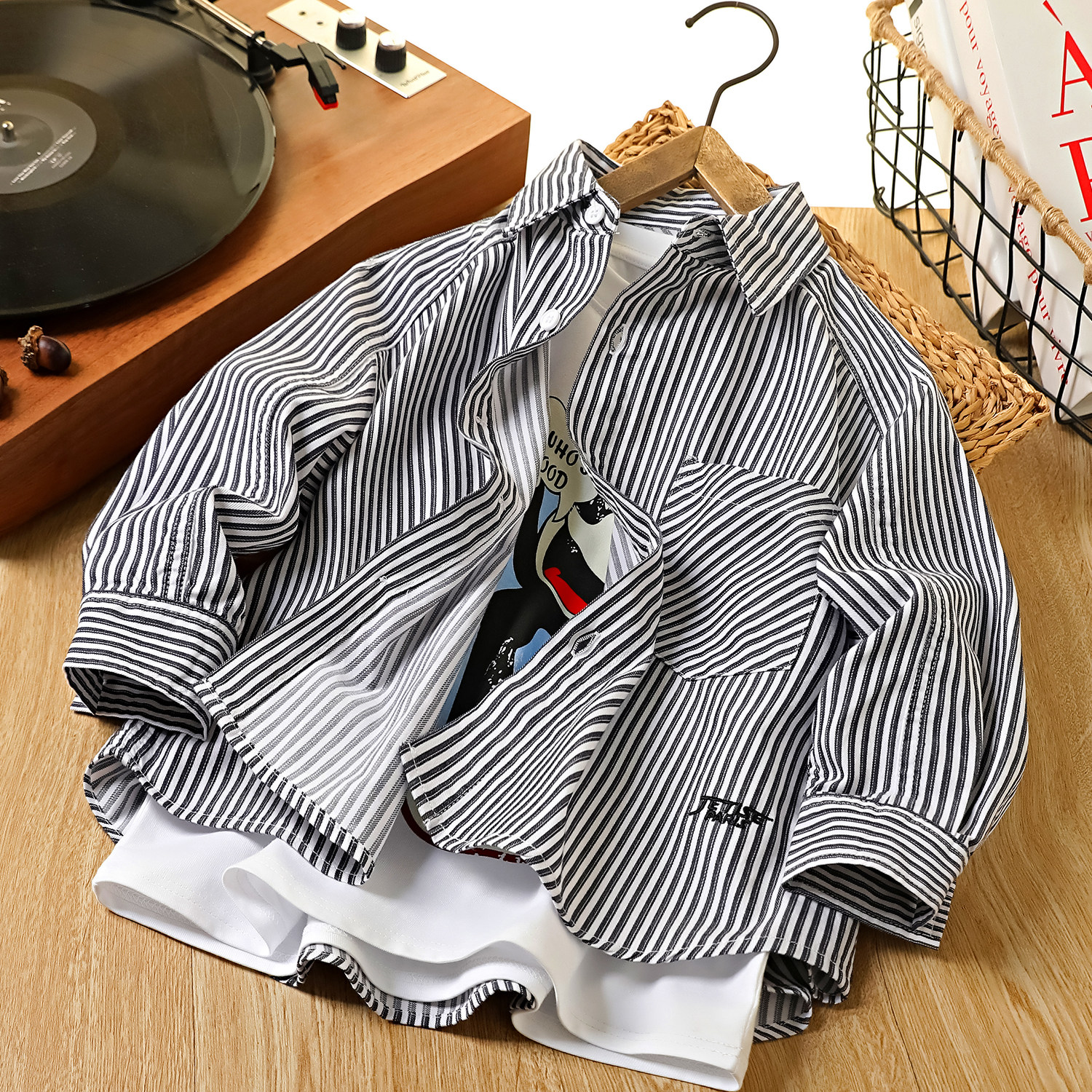 男童纯棉条纹衬衫2026春季中大童男孩休闲上衣内搭外穿衬衣9266