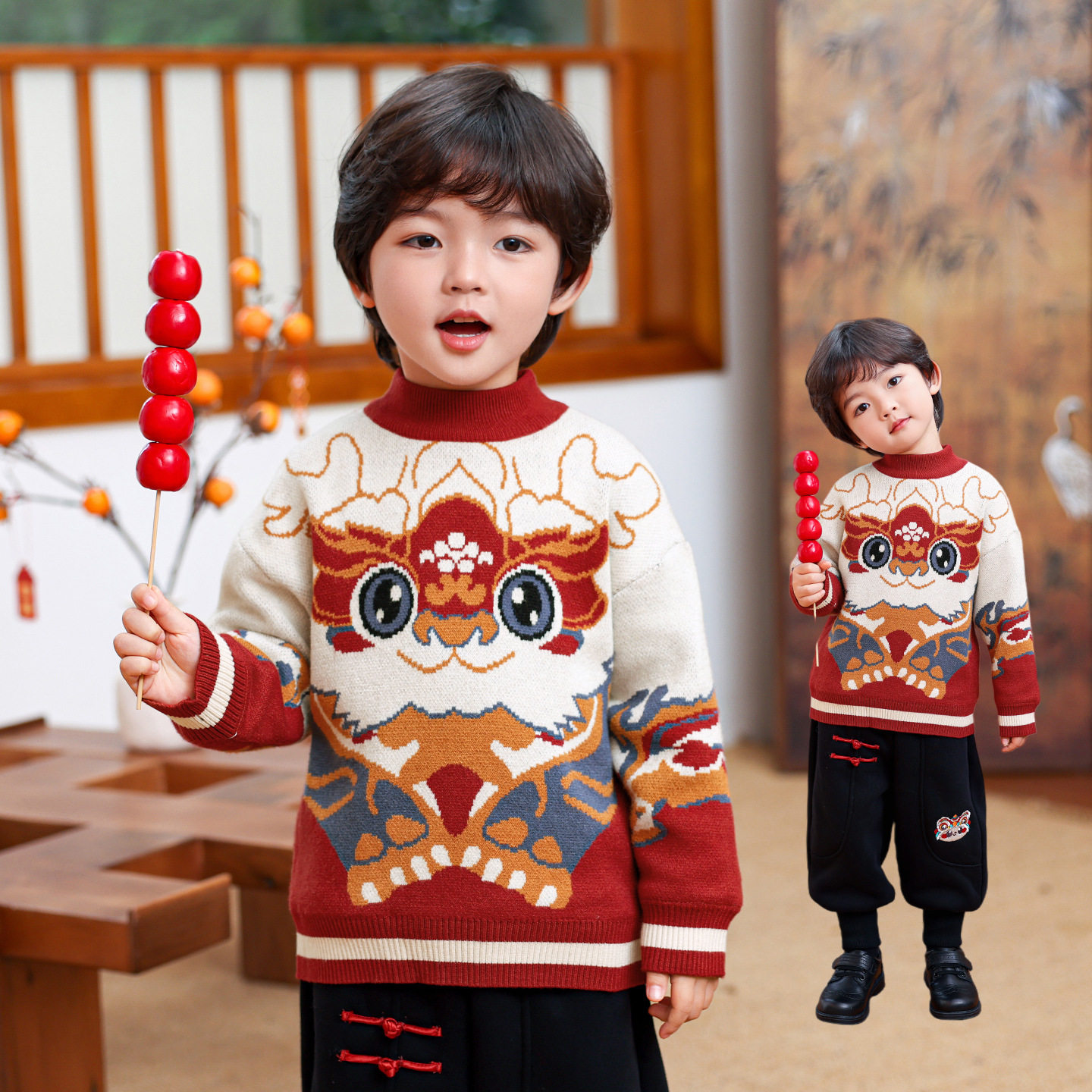 男童圆领毛衣红色新年装2026冬季儿童加绒厚毛线衣节日拜年服8152