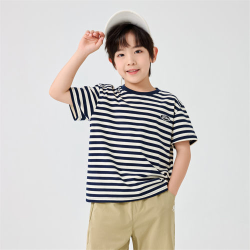 男童夏季圆领纯棉条纹短袖T恤衫