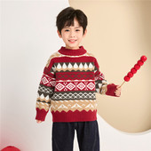 男童圆领毛衣加绒加厚2026冬季 中大童儿童保暖毛衣红色新年服8679