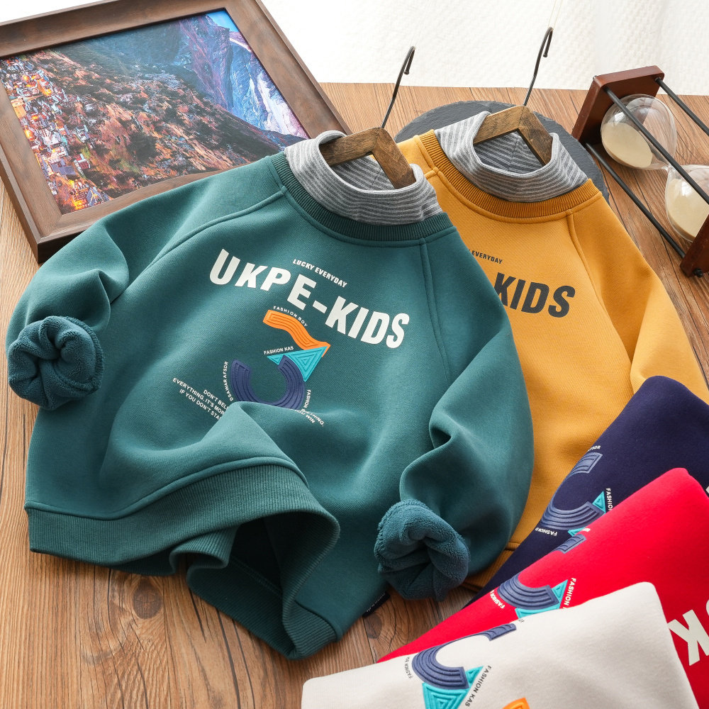 男童加绒卫衣2026冬季儿童高领打底衫中大童一体绒红色上衣厚2106