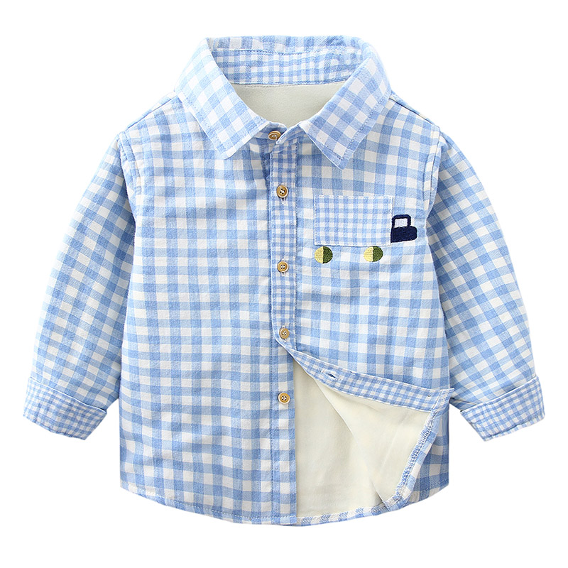 男童纯棉格子衬衫加绒保暖上衣