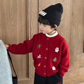 儿童纯棉针织开衫 棉100% 春秋男童女童毛衣外套红色新年服8177