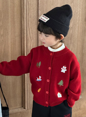 【棉100%】儿童纯棉针织开衫春秋男童女童毛衣外套红色新年服8177
