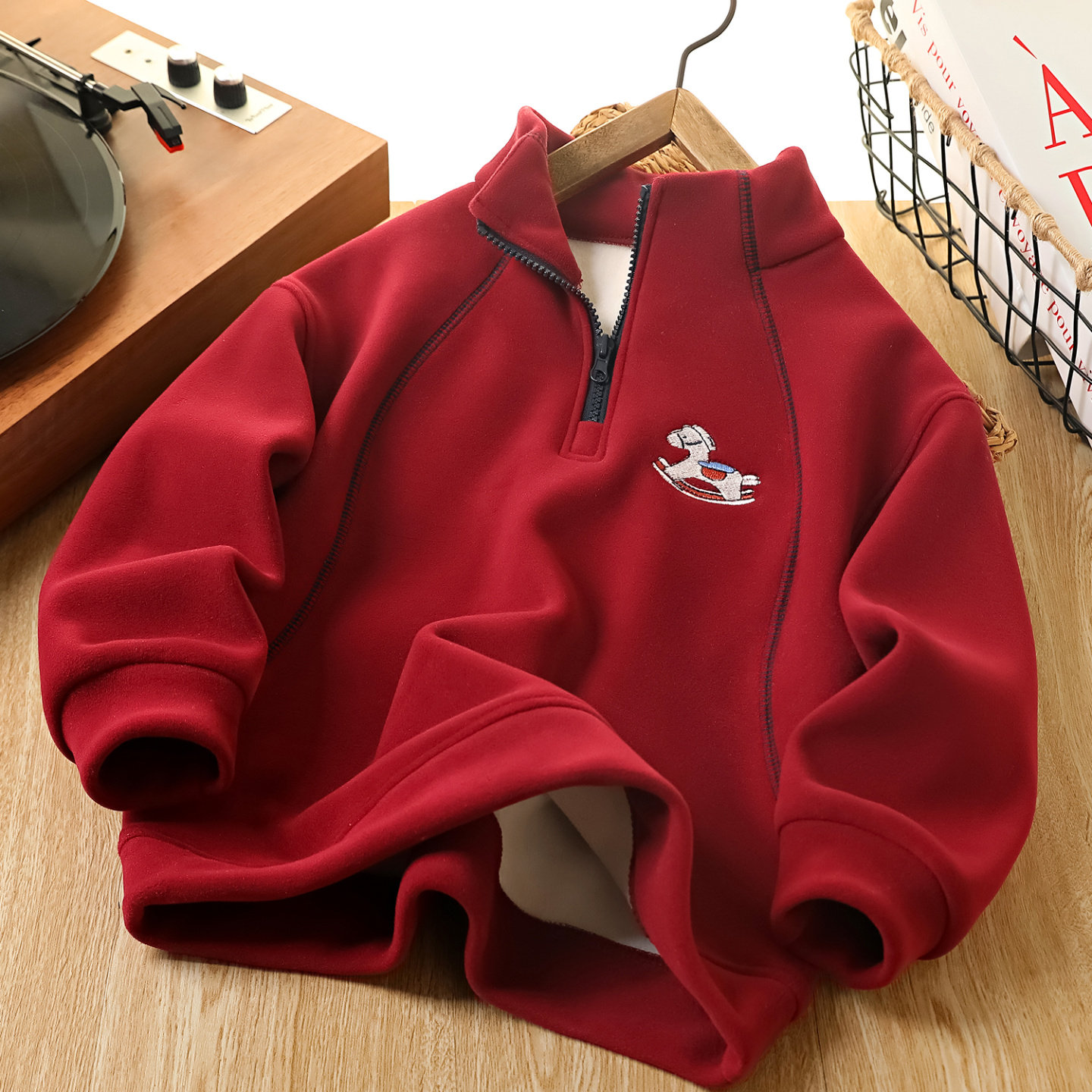 男童半拉链卫衣加绒红色上衣冬季新款中大童儿童纳米绒打底衫2500