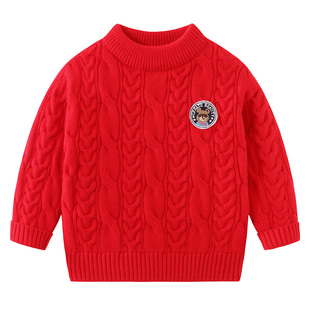 男童加绒毛衣厚2026冬季新款儿童复古绞花圆领毛线衣打底上衣8087