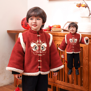 儿童拜年服男童过年喜庆衣服红色新中式国风外套冬季夹棉加厚7275