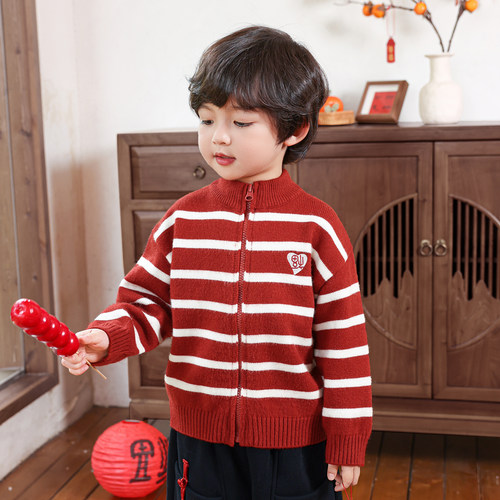 秋冬男童条纹毛衣开衫红色新年服