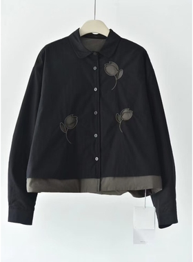 一九二三l冬“镂空花朵加棉款宽松长袖撞色薄棉服衬衫短外套